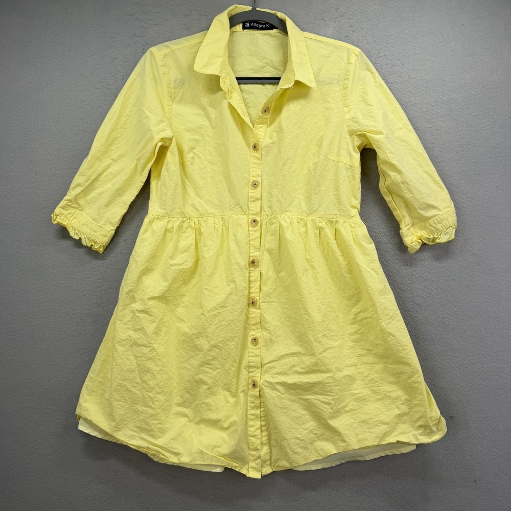 Allegra K Shirt Dress Womens Small S Yellow‎ Babydoll Button Up 3/4 Sleeve